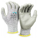 Introducing the Pyramex Poly-Torq Cut Resistant Gloves GL402C5, available in a set of 12 pairs. These gray work gloves, branded by Pyramex Safety, come with polyurethane-coated palms and fingertips for enhanced grip. They feature yellow-trimmed cuffs and are identified by the model number 402C5MU8.