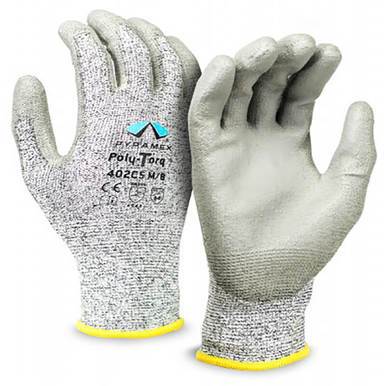 Introducing the Pyramex Poly-Torq Cut Resistant Gloves GL402C5, crafted by Pyramex Safety. This pair of gloves boasts a textured rubber coating on the palms and fingers to enhance gripping power. The yellow cuffs provide a vibrant accent, and text alongside the logo branding decorates the back. These gloves offer excellent protection without sacrificing style—perfect for any work environment. Available in sets of 12 pairs.