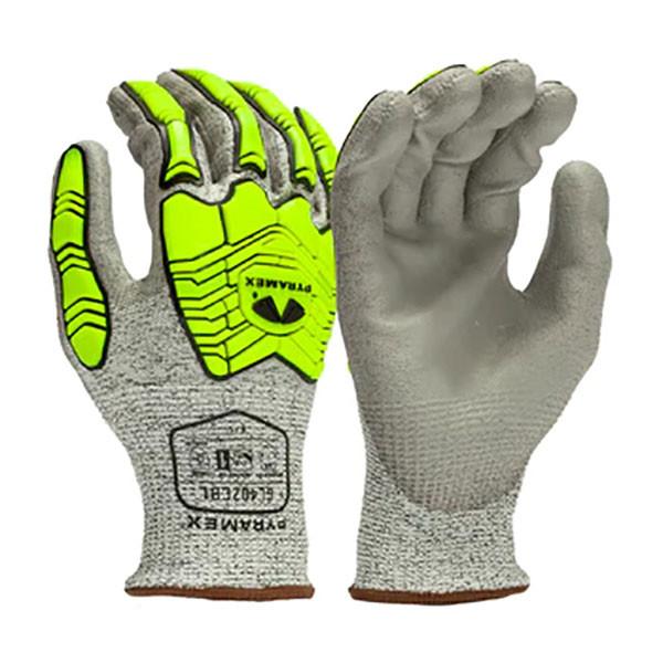 The Pyramex Safety Pyramex Polyurethane A4 Gloves GL402CB offer cut-resistant protection with gray palms and striking yellow and gray designs on the back. These string-knit work gloves feature a textured finish, displayed to show both the front and back. Available in a pack of 12 pairs.