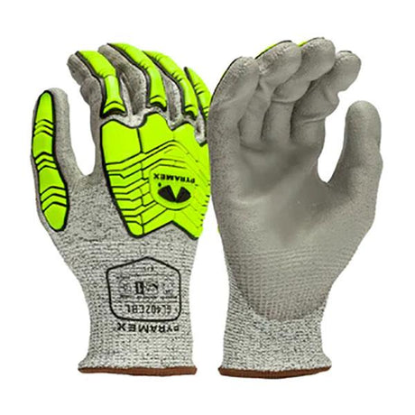 Introducing the Pyramex Polyurethane A4 Gloves GL402CB, available in packs of 12 pairs. These gloves feature a gray textured palm with a neon yellow and gray back design. The cuffs are adorned with the Pyramex Safety logo and text, exemplifying their rugged design suitable for industrial applications.