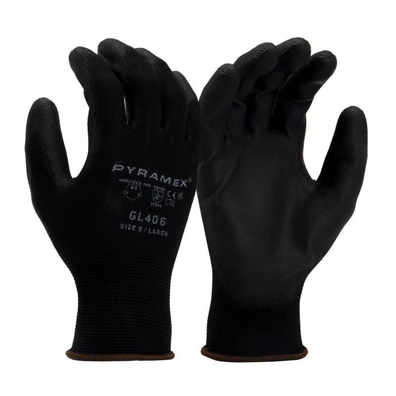 A pair of black Pyramex Safety GL406 Series Polyurethane Gloves, size 9/Large, are displayed with their palms in slightly different positions against a white background. These abrasion-resistant safety gloves clearly show the "Pyramex" label on one glove.