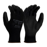 The Pyramex GL406 Series Polyurethane Gloves, sold in sets of 12 pairs, are black safety gloves from the Pyramex Safety brand. They feature a textured surface to enhance grip and exhibit abrasion resistance. These gloves are perfectly suited for protective use, shown with palms facing both up and down.