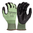 The Pyramex Safety Polyurethane A4 Gloves GL407C, sold in packs of 12 pairs, are designed for industrial applications and come in size 9/Large. These gloves feature a green fabric along with a black latex coating and offer touchscreen capability, ideal for tech-savvy workers.