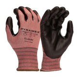 A pair of Pyramex Safety GL408C Polyurethane A6 gloves, featuring red fabric on the back and a black rubberized palm and fingertips with touchscreen capability, labeled as size large.