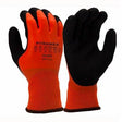 The Pyramex Safety GL505 Series Sandy Latex Gloves, available in packs of 12 pairs, feature a bright orange design with black palms and fingers and are embossed with "Pyramex" and "GL505." Designed for exceptional grip and protection, these water-resistant gloves are ideal for various manual tasks.