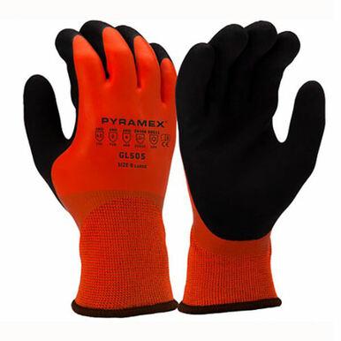 A pair of Pyramex GL505 Series Sandy Latex Gloves, insulated and water-resistant, with ANSI Cut Level A2 protection. These gloves are red with black palms and textured grips on the fingertips. Various safety icons and text are printed on the back of one glove, showcasing the quality offered by Pyramex Safety.