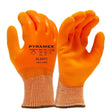 Introducing the Pyramex Insulated Latex A4 Gloves GL507C, available in a set of 12 pairs from Pyramex Safety. These bright orange gloves feature textured grips and Contact Cold Protection, with the iconic Pyramex logo displayed on the back. The elastic wrist area boasts a patterned design for a snug fit, making them ideal for hand protection during construction or other manual tasks.