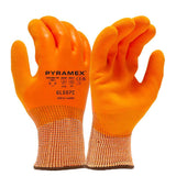 Introducing the Pyramex Insulated Latex A4 Gloves GL507C, available in a set of 12 pairs from Pyramex Safety. These bright orange gloves feature textured grips and Contact Cold Protection, with the iconic Pyramex logo displayed on the back. The elastic wrist area boasts a patterned design for a snug fit, making them ideal for hand protection during construction or other manual tasks.