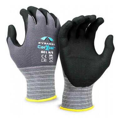 Introducing the Pyramex Corxcel Micro-Foam Nitrile Gloves GL601 from Pyramex Safety—these gray and black work gloves are designed with textured gripping palms to maximize grip. They feature a stylish yellow trim at the cuffs, along with distinctive text and logos on the back for both style and functionality.