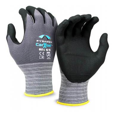 The Pyramex Corxcel Micro-Foam Nitrile Gloves GL601, by Pyramex Safety, feature a sleek design with gray backs and black palms. These gloves are crafted for optimal gripping power, offering a breathable design and elastic cuffs adorned with yellow trim. As cut-resistant nitrile gloves, they are ideal for providing protection in work environments.