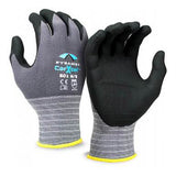 A set of gray and black cut-resistant micro-foam nitrile gloves from Pyramex Safety, featuring the text "Pyramex Corxcel Micro-Foam Nitrile Gloves GL601" on the back. These gloves have textured black palms and fingers to enhance gripping power, along with gray fabric and yellow-edged cuffs.