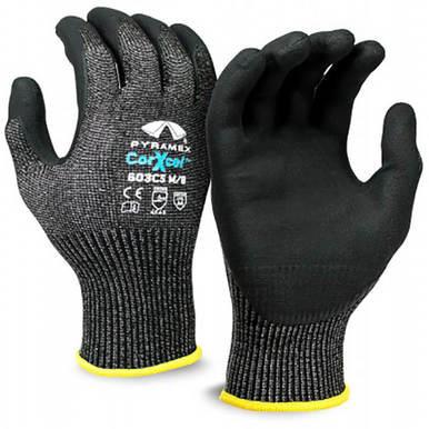 A pair of Pyramex CorXcel Micro-Foam Nitrile Gloves GL603C5 in black, featuring a gray knitted texture and rubber-coated palms for enhanced grip. These cut-resistant gloves are engineered for additional protection with their micro-foam nitrile design. Brand and specifications are clearly marked with symbols and text on the back of each glove.