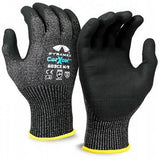 Two Pyramex Safety CorXcel Micro-Foam Nitrile Gloves in black and gray, with grip texture and model number GL603C5, feature the brand's logo. These gloves have yellow-trimmed wrist cuffs and display safety certification symbols, offering outstanding gripping power for secure handling while being cut-resistant.