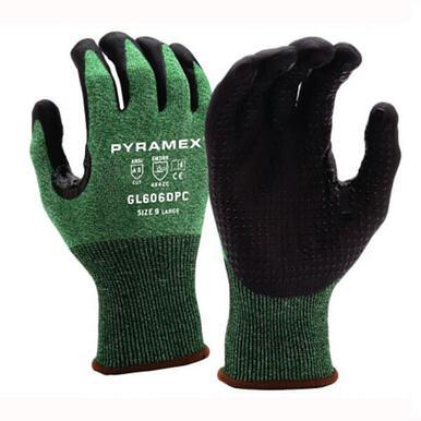 A pair of green and black Pyramex Safety GL606DPC Series micro-foam nitrile gloves featuring an HPPE liner and textured grip. These gloves, with safety markings on the back, offer ANSI Cut Level A3 protection and are available in size 9 large.