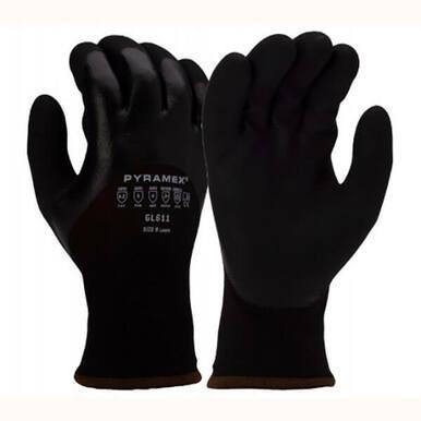 The Pyramex Safety GL611 Series Insulated Dipped Gloves, available in a 12-pair pack, are black gloves providing ANSI Cut Level A2 protection. They feature durable textured surfaces and protective symbols on the back for water-resistant performance, ensuring both safety and comfort.