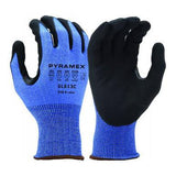 A pair from the Pyramex GL613C Series by Pyramex Safety, these versatile nitrile gloves feature a blue design with black grip surfaces and an HPPE liner. They display the "Pyramex" branding and model details on the back, include touchscreen capability, and are shown against a white background.