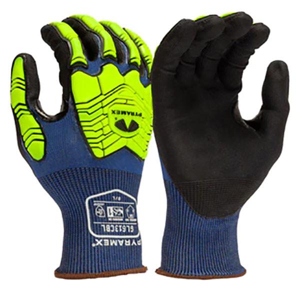 The product is the Pyramex Micro-Foam Nitrile A4 Gloves GL613CB, which come in 12 pairs. These protective gloves have black rubber palms and blue fabric wrists, enhanced with a cut-resistant liner. The back features a yellow-green design with black accents, while the left glove displays the brand name "Pyramex Safety" along with its specifications.