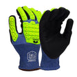 A pair of Pyramex Safety Micro-Foam Nitrile A4 Impact Gloves GL613CBZ features vibrant yellow knuckle guards, blue fabric cuffs, and black coated palms designed for enhanced grip. These gloves include a cut-resistant liner for increased safety and are displayed with one palm and one knuckle side visible to the viewer.