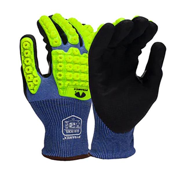 Introducing the Pyramex Micro-Foam Nitrile A4 Impact Gloves GL613CBZ, available in a pack of 12 pairs. These protective work gloves from Pyramex Safety feature bright neon green knuckle protection and black palms with a micro-foam nitrile coating. The cut-resistant liner ensures enhanced safety, while the blue fabric around the wrist is adorned with printed text and logos on the back of one glove.