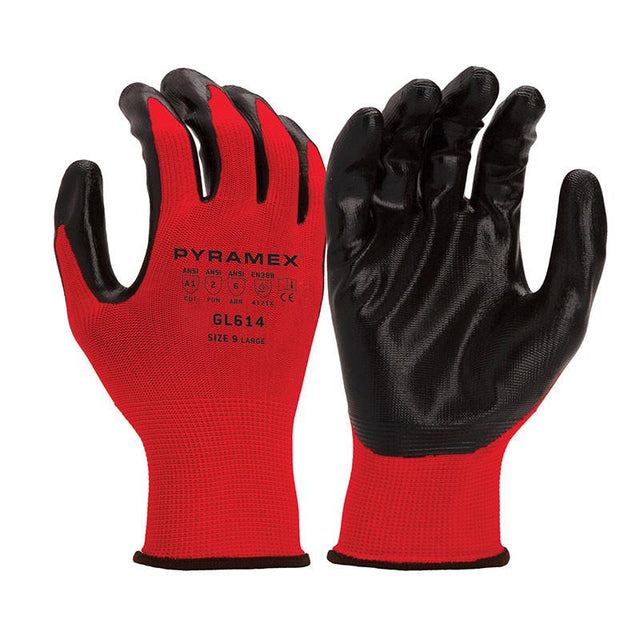 A pair of Pyramex Safety GL614 Polyester Nitrile Smooth Gloves, featuring red fabric on the back and abrasion-resistant black-coated palms and fingers. The gloves display size 9, large, along with safety standard markings. Slightly spread fingers enhance comfort for the wearer.