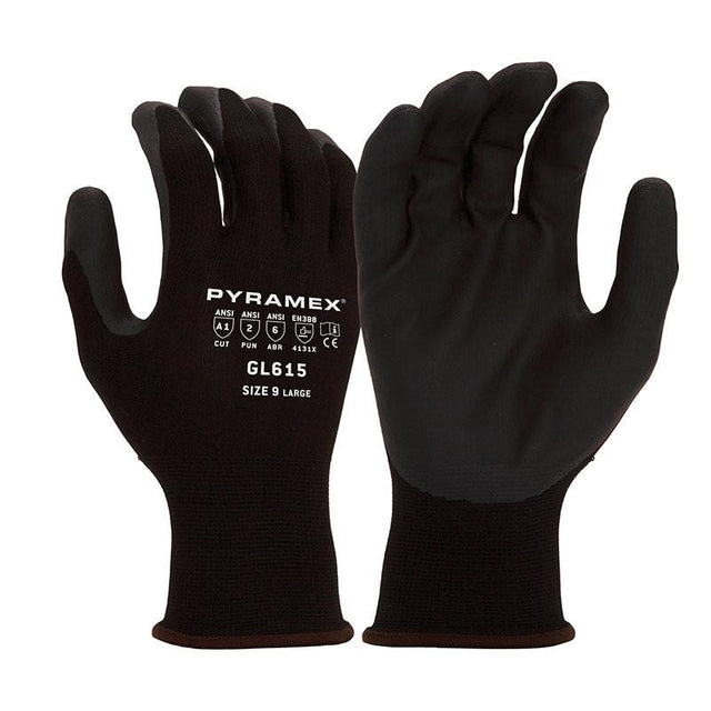 Displayed is a pair of durable black work gloves from Pyramex Safety, labeled "Pyramex Value Micro-Foam Nitrile GL615" with a size of "9 Large" printed on the back. These gloves boast a robust 15-gauge construction and feature a Micro-Foam Nitrile coating for superior protection.