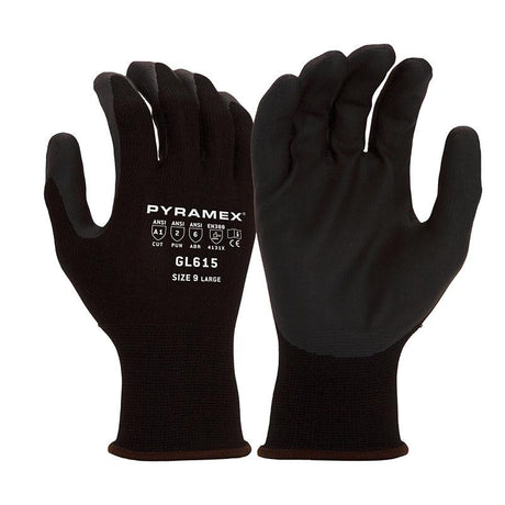 The Pyramex Safety GL615 Value Micro-Foam Nitrile Gloves come in a size 9 Large and feature a textured grip aimed at enhancing durability and protection. Rated with ANSI/ISEA 105 safety standards, these black 15-gauge gloves are perfect for a range of industrial applications.