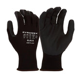 A pair of black Pyramex Safety Value Micro-Foam Nitrile GL615 gloves, size 9 large, offers ANSI/ISEA 105 cut and puncture resistance ratings on the back. These 15-gauge gloves are designed with a Micro-Foam Nitrile textured surface for improved grip, making them perfect for industrial or construction applications.