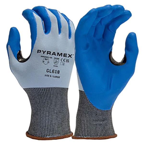 The image displays two Pyramex Micro-Foam Nitrile Gloves, model GL618. These gloves feature blue latex-coated palms and fingertips with gray fabric on the back. The ribbed dark gray cuffs ensure a snug fit. The accompanying text highlights the size and A1 cut protection level, offering safety without compromising dexterity.