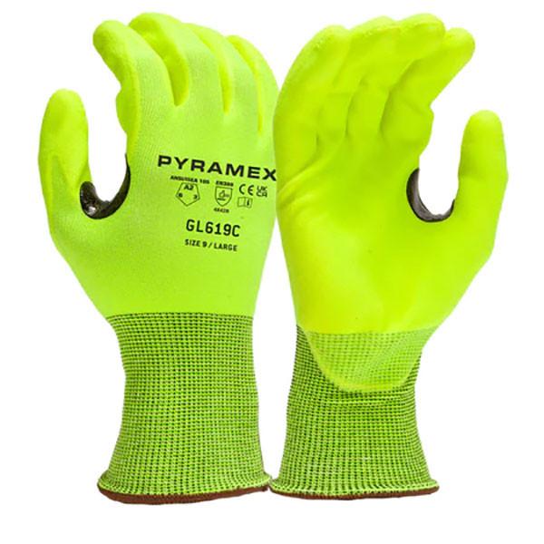 The Pyramex Safety Micro-Foam Nitrile A2 Gloves GL619C, sold in sets of 12 pairs, are bright yellow-green work gloves featuring the model name prominently printed. They include a cut-resistant liner and a textured micro-foam nitrile grip covering the palm and fingers. The design is completed with a durable gray wrist cuff adorned with a mesh pattern to maintain their upright display posture.