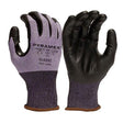 A pair of Pyramex Safety Micro-Foam Nitrile A4 Gloves GL620C with touchscreen functionality. These gloves are cut-resistant and have a predominantly black design, accented with gray and purple on the fabric back and wrist. The label indicates size large along with protective symbols, showcasing one glove's palm side and the other's back side.