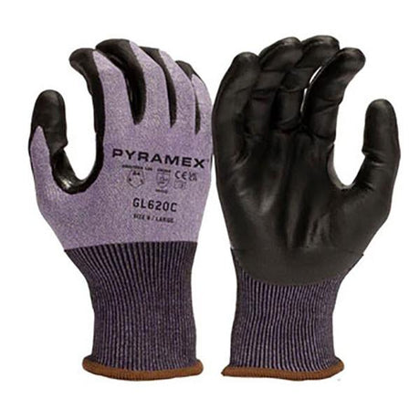 A pair of Pyramex Safety Micro-Foam Nitrile A4 Gloves GL620C with touchscreen functionality. These gloves are cut-resistant and have a predominantly black design, accented with gray and purple on the fabric back and wrist. The label indicates size large along with protective symbols, showcasing one glove's palm side and the other's back side.