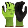 The Pyramex Safety Micro-Foam Nitrile A5 Gloves GL621C in size 9/Large feature a green fabric with a black rubber coating, offering A5 cut resistance for excellent protection. They are designed to be displayed upright to show both sides and include touchscreen capability along with safety certification symbols.