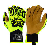 The Pyramex Genuine Leather Impact GL805HT gloves, available in a pack of 6 pairs from Pyramex Safety, showcase a high-visibility yellow and black design on the back with tan leather palms. These abrasion-resistant gloves feature black cuffs and a distinctive black leaf-like logo on the back, making them ideal for outdoor or safety tasks.