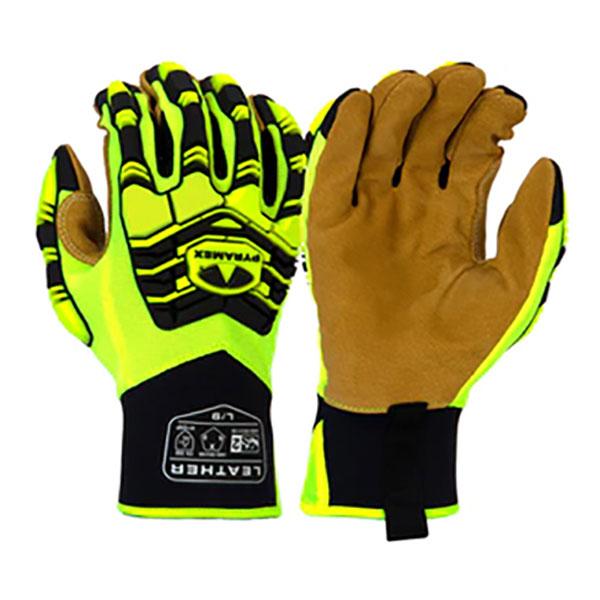 A pair of Pyramex Genuine Leather Impact GL805HT work gloves, featuring one glove palm up and the other palm down. The gloves are bright yellow with black accents on the top, complemented by tan suede leather palms designed for abrasion resistance. The wrists include a black section displaying logos and text to enhance impact protection.