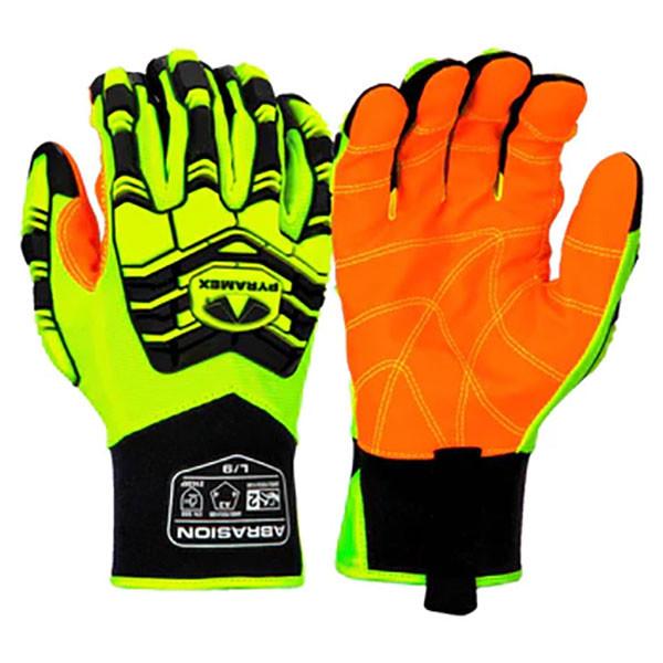 Introducing the Pyramex Synth. Leather PVC Impact Gloves GL806HT, crafted by Pyramex Safety for heavy equipment operators. These vibrant gloves feature neon yellow, black, and bright orange synthetic leather with TPR impact protection padding. The back of one glove proudly displays a logo and size details.