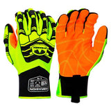 Introducing the Pyramex Safety GL806HT Impact Gloves, ideal for heavy equipment operators. These gloves feature a vivid neon green color with black and orange accents for enhanced visibility. Designed with impact protection, they include a reinforced black wristband and a synthetic leather TPR PVC palm, providing both safety and comfort. You can view both the front and back of these reliable gloves.