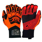 The Pyramex Safety GL807CHT impact gloves come in a vibrant orange and black design, featuring reinforced knuckles and grips for protection. One glove displays a hexagonal pattern with "CUT" on the palm, made from durable synthetic leather to provide A5 cut resistance.