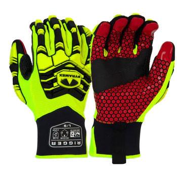 A pair of Pyramex Synth. Leather Silicone Impact Gloves GL807HT, designed by Pyramex Safety, features a striking high-visibility design with bright yellow and black exteriors. One glove is shown palm-up to reveal a red honeycomb pattern grip constructed from durable TPR silicone on the palm, while the other is displayed palm-down to emphasize reinforced knuckles and a logo that complies with ANSI/ISEA 138 impact standards.