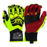 The Pyramex Safety GL807HT synthetic leather silicone impact gloves feature a striking neon yellow and black design with Level 2 Impact Protection. The red honeycomb pattern on the palms ensures superior grip. With "Riggear" branding and size details on the cuffs, these gloves are your ideal choice for ANSI/ISEA 138 impact safety compliance.