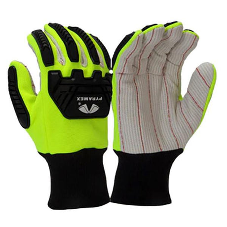 Introducing the Pyramex Corded Cotton A2 Impact Gloves GL808 by Pyramex Safety, available in sets of 12 pairs. These high-visibility gloves feature a striking bright yellow-green exterior with black reinforced areas designed for impact protection. The gloves' palms boast a textured, ribbed surface complemented by red stitching, while the black cut-resistant cuffs ensure enhanced safety and durability.