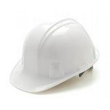 The Pyramex Cap-Style Hard Hat by Pyramex Safety features a glossy white finish, a front brim, and an adjustable harness. Its design is enhanced with universal accessory slots for added versatility and includes a rain trough to keep you dry in wet conditions.