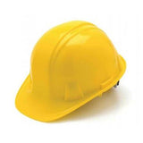 A Pyramex Safety Cap-Style Hard Hat in yellow, featuring universal accessory slots and a rain trough, is set against a pristine white background.