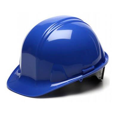 A glossy blue Pyramex Cap-Style Hard Hat, shown against a plain white backdrop, highlights both its front and side views. The design incorporates universal accessory slots for enhanced functionality.