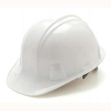 The Pyramex Safety Ratchet Hard Hat (Model HP141) is a white helmet with a smooth surface and an adjustable strap, featuring a ratchet suspension for an improved fit, and meets ANSI Z89.1 standards for superior head protection.