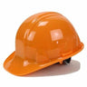 A Pyramex Safety Ratchet Hard Hat HP141_, featuring an orange gloss finish and built-in ratchet suspension, is displayed against a plain white background, complying with ANSI Z89.1 safety standards.