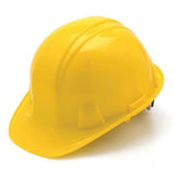 In front of a white backdrop, the Pyramex Safety Ratchet Hard Hat HP141_ is prominently displayed. It highlights its ratchet suspension for adjustable comfort and adherence to ANSI Z89.1 standards.