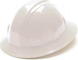 A Pyramex SL Series Full Brim 4-Pt Ratchet Hard Hat, crafted from high-density polyethylene with a glossy finish, is displayed against a plain background. Positioned at an angle, it showcases its smooth surface, distinct ridges on top, and advanced ratchet suspension designed for optimum fit.