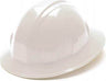 A Pyramex SL Series Full Brim 4-Pt Ratchet Hard Hat, crafted from high-density polyethylene with a glossy finish, is displayed against a plain background. Positioned at an angle, it showcases its smooth surface, distinct ridges on top, and advanced ratchet suspension designed for optimum fit.