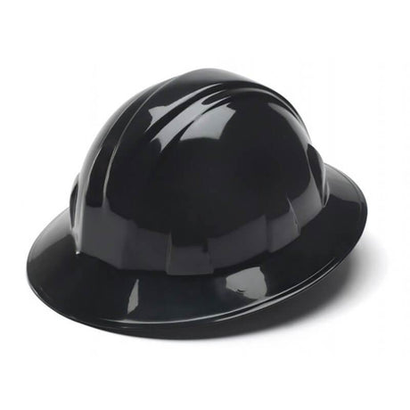 A Pyramex SL Series Full Brim 4-Pt Ratchet Hard Hat from Pyramex Safety is shown here on a white background, featuring a glossy, smooth surface crafted from high-density polyethylene. This black hard hat includes a wide brim for added protection and is equipped with a comfortable ratchet suspension system for adjustable fitting.