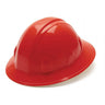 Pyramex Safety's SL Series Full Brim 4-Pt Ratchet Hard Hats, crafted from high-density polyethylene with a glossy red finish, showcase a ridged top design and rounded brim. They feature an adjustable ratchet suspension for enhanced comfort and are presented against a simple white background.